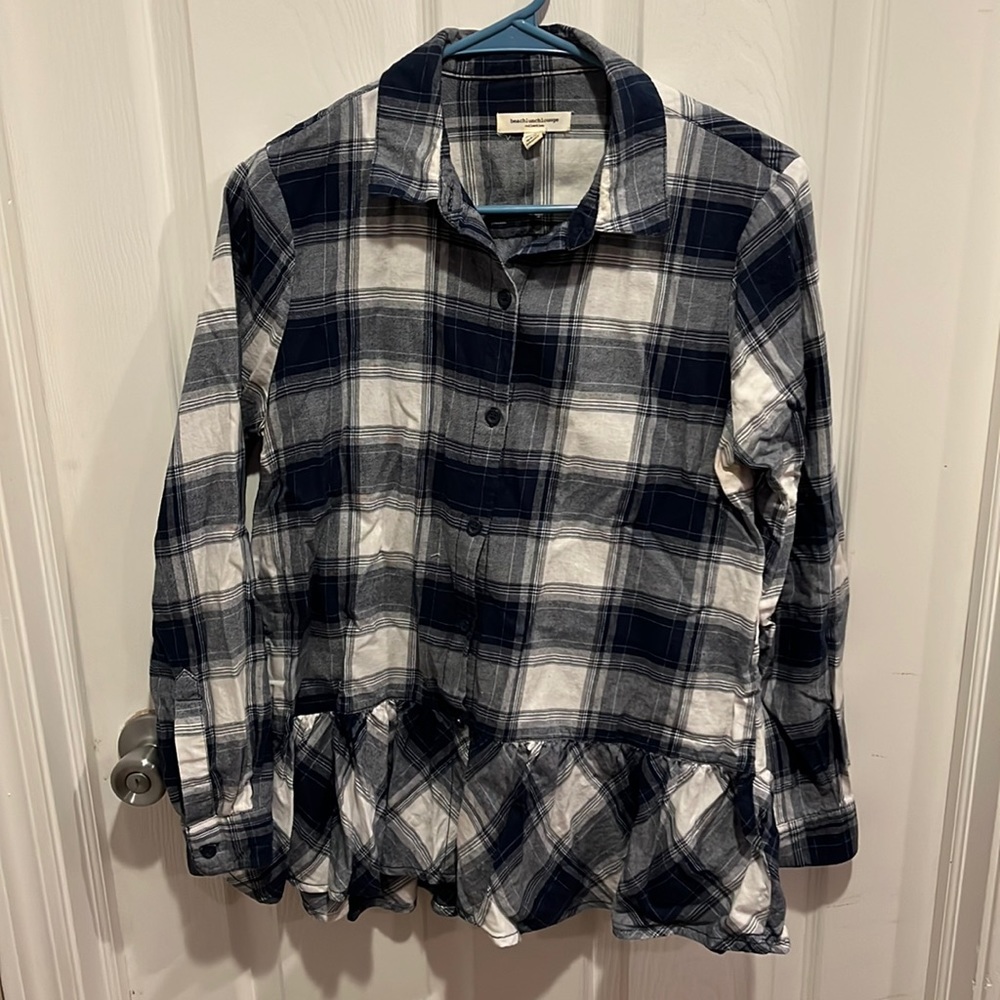 beachlunchlounge blue and white plaid flannel peplum shirt